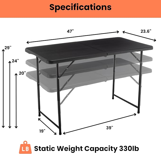 BTEXPERT Set of 5, Fold-in-Half Folding Utility Table 4Feet Lightweight Height Adjustable Portable Carrying Handle Indoor Outdoor Picnic Camping Office Home Party Easy to Clean Store Care Black
