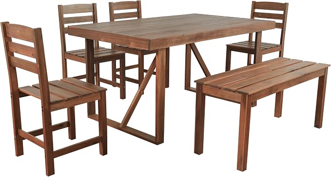 RuiSiSi Outdoor Dining Sets for 6, Acacia Wood Patio Table and Chairs Set with Bench and 4 Chairs for Balcony, Backyard, Garden, Poolside, Brown