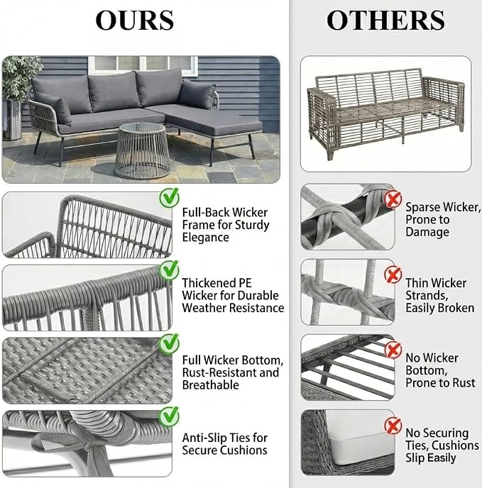 Bezseller 3-Piece Outdoor Patio Furniture Set, L-Shaped Rattan Sectional Sofa with Thick Cushions, Glass Coffee Table – All-Weather Conversation Set for Backyard, Porch, Poolside