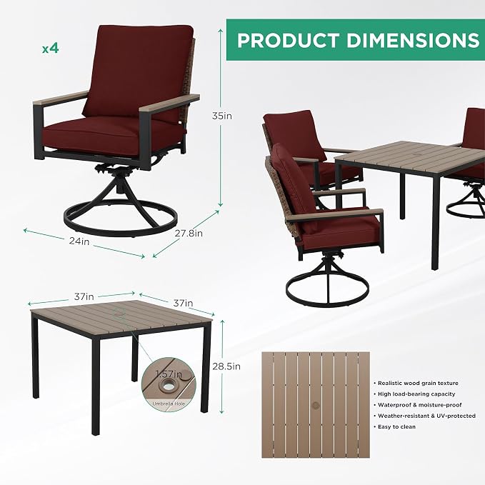 5-Piece Patio Dining Set, 4 Swivel Chairs with Removable Thickened Cushions & Square Table with Umbrella Hole, All-Weather Furniture for Backyard, Garden & Lawn, Red