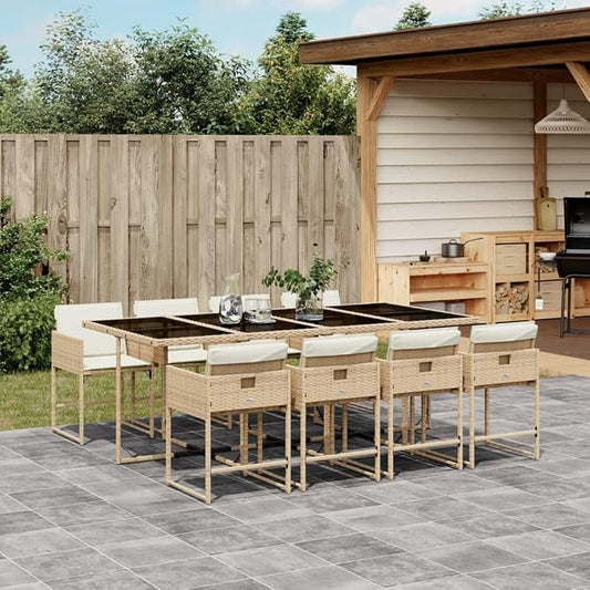 9 pcs Set Garden Dining Set & Balcony Furniture Beige PE Rattan Outdoor Patio Furniture Set Patio Conversation Set for Lawn Backyard Front Porch 86.6 x 41.7 x 28.7 in