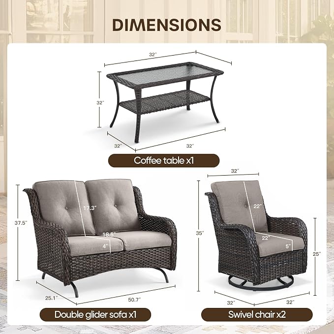 Patio Loveseat Glider Set, Resin Wicker Loveseat Glider with 4 Swivel Patio Chiars Coffee Table, 6 Piece Patio Conversation Set PE Rattan Loveseat Set, Brown Wicker|Grey Cushions