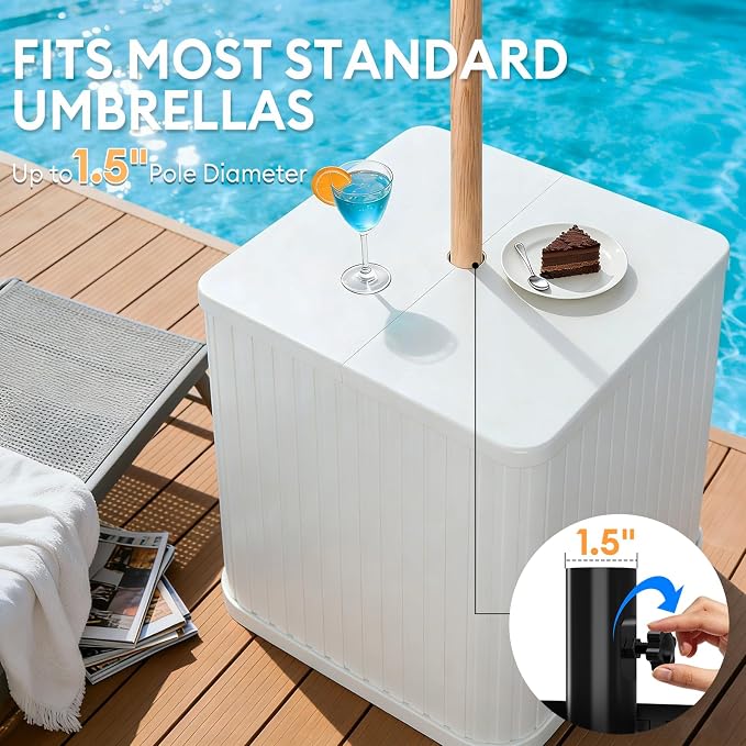 Umbrella Side Table Outdoor Patio Table with Umbrella Hole, Heavy Duty Plastic Poolside Table Holds 132 lbs with Water Filled Base, Fits ≤1.5”Umbrella Pole for Poolside & Backyard, White