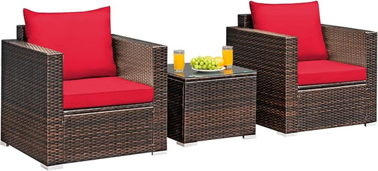 Tangkula 3 Pieces Patio Furniture Set, Outdoor Conversation Rattan Furniture Set w/Washable Cushion and Tempered Glass Tabletop, PE Rattan Wicker Sofa Set for Garden Poolside Balcony