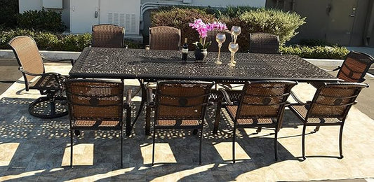Santa Clara Outdoor Cast Aluminum Powder Coated 11-Piece Dining Set with Extendable 48x132 Table (with 10 Swivel Rocking Chairs)