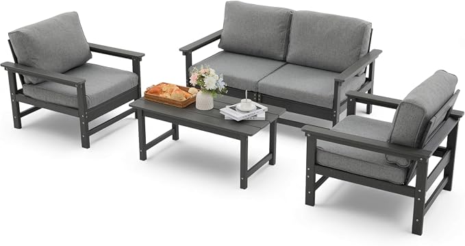 HDPE Outdoor Patio Furniture Set, 5-Piece Sofa Set with 2-Seat Couch, 2 Armchairs & Coffee Table, Weatherproof Conversation Set with Cushions, All-Weather Waterproof, for Garden, Porch & Backyard