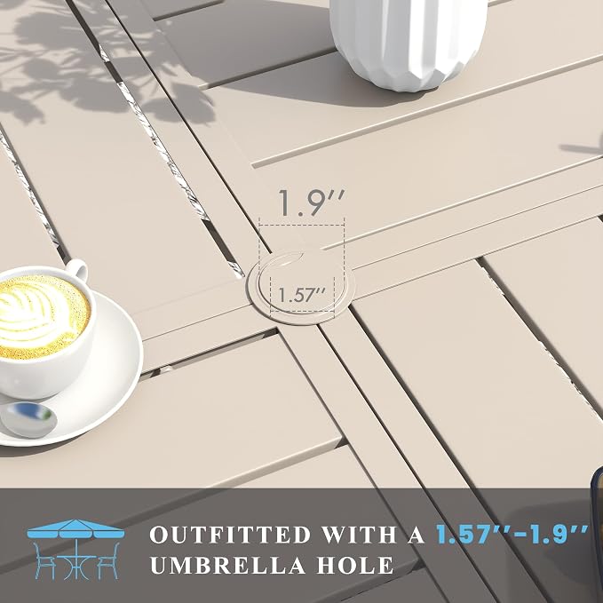 VICLLAX 47.2" Round Patio Table with Umbrella Hole, All Weather Metal Outdoor Dining Table for 6, Outside Table with Storage Shelf for Lawn Garden, Sandshell Color