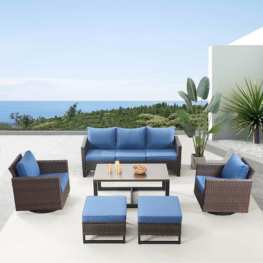 Belord 6 Piece Outdoor Furniture Patio Wicker Sofa Set, Oversize Outdoor Swivel Rocker Chairs with Rattan Ottomans, Conversation Sets Patio Furniture Come with Removable Washable Cushion Blue, Brown