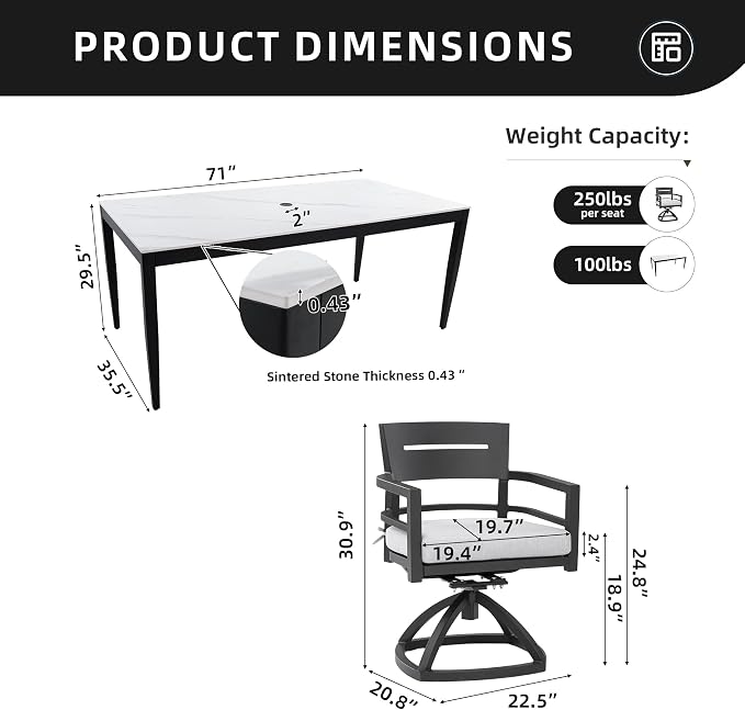 7PC Aluminum Outdoor Patio Dining Set, 71”Rectangular White Marble Dining Table with Sintered Stone Top and 6 Cushioned Swivel Rockers, All-Weather Patio Furniture
