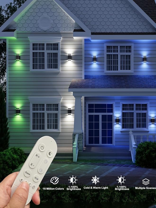 Up Down Outdoor Wall Lights Sconce, Remote Control RGB Color Changing LED Porch Lights Outdoor Wall Mounted, Black Exterior Lights for Garage, Balcony, Front Door - ETL Listed