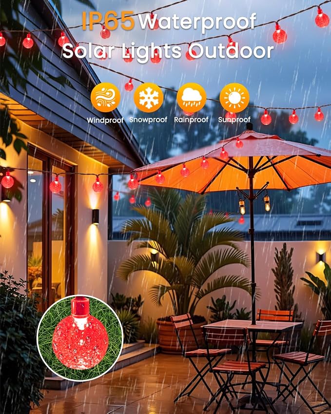 LORRYTE Solar String Lights Outdoor 2 Pack 72FT 120 LED Red Patio Lights | Crystal Globe, IP65 Waterproof, Auto On/Off, 8 Modes Solar Powered Light for Outside Halloween Party Garden Yard Decorations