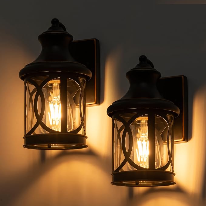 2-Pack Outdoor Wall Lights, Porch Lights, Waterproof Outdoor Wall Sconce, Exterior Light Fixture Oil-Rubbed Bronze Finish with Clear Glass Shade for Garage Patio Front Door Balcony