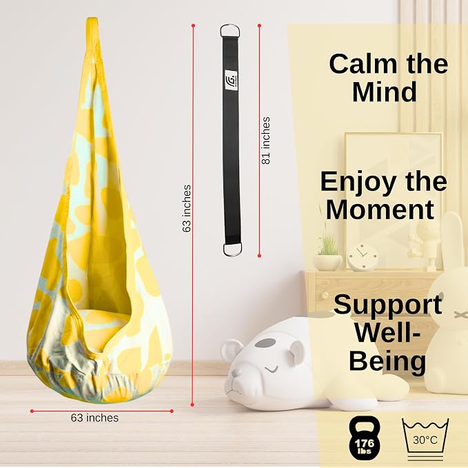 Calming Sensory Swing - Indoor Sensory Hammock for Kids & Adults, Supports up to 170 lb (77 kg), Double-Layer Canvas Fabric, Hanging Hardware Included, White-Yellow