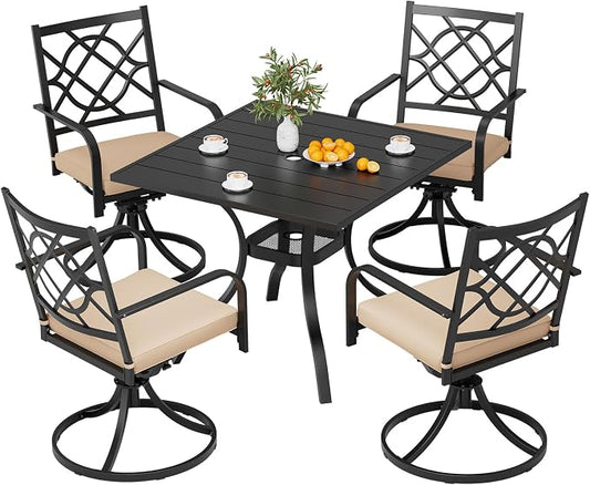 Crownland 5 Piece Patio Dining Set, 4 Swivel Metal Chairs and Square Outdoor Dining Table with 1.57" Umbrella Hole (Metal Tabletop)