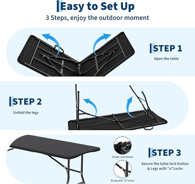Garvee 6FT Portable Folding Table 2 Pack, HDPE Plastic Foldable Table with Carry Handle for Camping, Parties, Picnic & Events Indoor Outdoor, Black