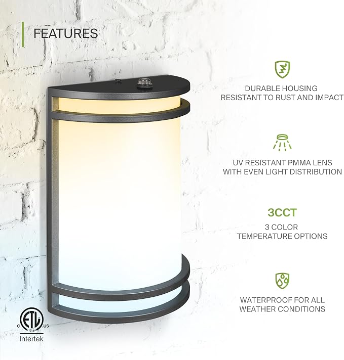 ASD 10 Inch Dusk to Dawn LED Outdoor Sconce Lights - 15W 120-277V 3000K-5000K Black Exterior Lighting Fixtures, Exterior Lights for House, Photocell Patio Wall Light Fixture ETL 2 Pack