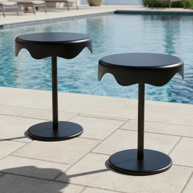 Geelin 2 Pcs Outdoor Side Table 16.5 Inch Black Round Plastic End Table Removable Weatherproof Modern Desk for Outside Patio Snacks Home Office Backyard Pool