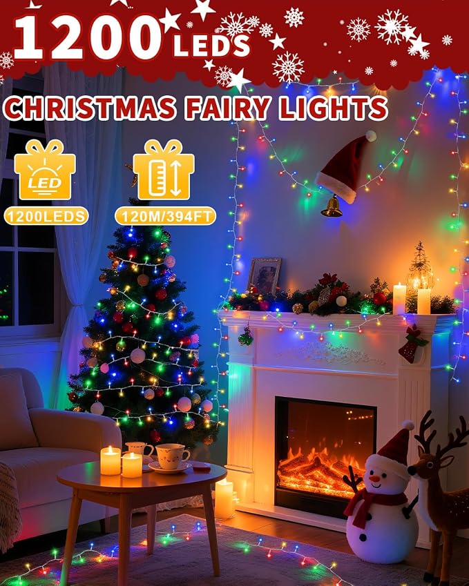Christmas Lights String Outdoor Indoor, Xmas Tree Decorations Lights, Plug in Twinkle Fairy Light with Remote Timer Dimmable for Room Yard Holiday Party Wedding Decor (Multicolor, 403FT 1200 LED)