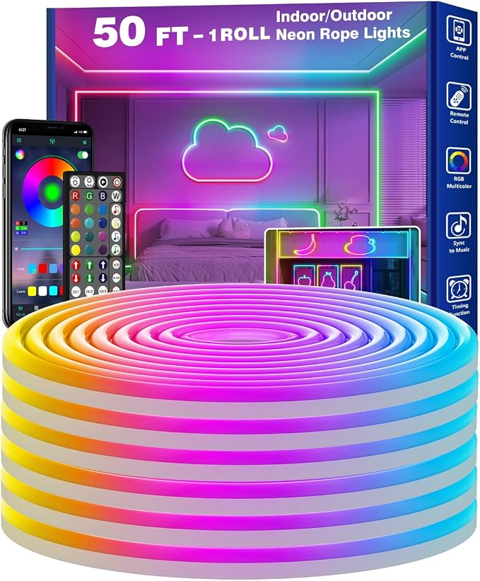 RCUICA 50FT LED Neon Rope Lights Waterproof with Smart App Control Remote,DIY Scene Modes,Music Sync hronization,Eaves Lights for Garden Decor,Deck,Christmas