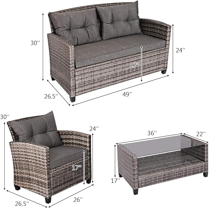 COSTWAY 4-Piece Patio Rattan Furniture Set, Cushioned Sofa, Loveseat and Tempered Glass Top Coffee Table, Outdoor Sectional Conversation Set for Garden Lawn Backyard (Gray)