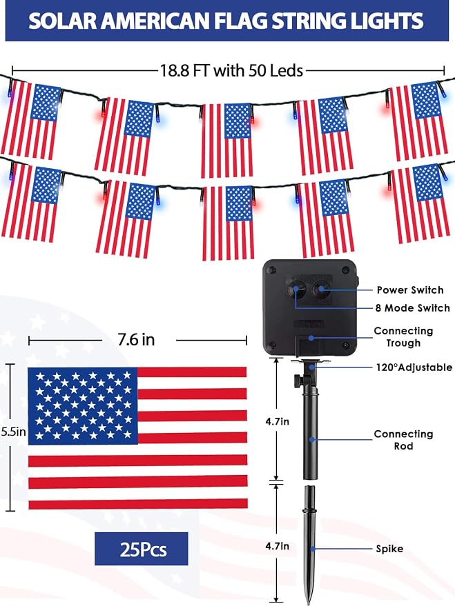 4th of July Decorations 2 Pack 100 LED Solar American Flag Lights Outdoor | 50 USA Flags, 8 Modes, Memory Function, Auto On/Off, 37.6FT Waterproof String Lights for 250th Anniversary Patriotic Decor