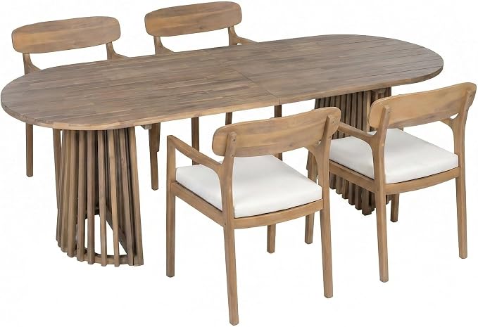 Christopher Knight Home Zoa Acacia Wood Dining Set for 4, Outdoor Dining Table with Dual Slatted Pedestal Bases, Outdoor Dining Chairs with Cushions, 5 Piece Patio Dinner Set, Beige/Light Teak/Brown