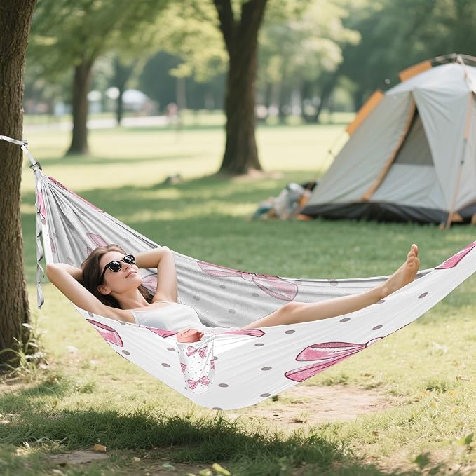 Bow Pink Camping Hammock, Portable Lightweight Single Hammock with Tree Straps and Aluminum Carabiners, 114" x 54" Travel Hammock for Hiking Backpacking Beach