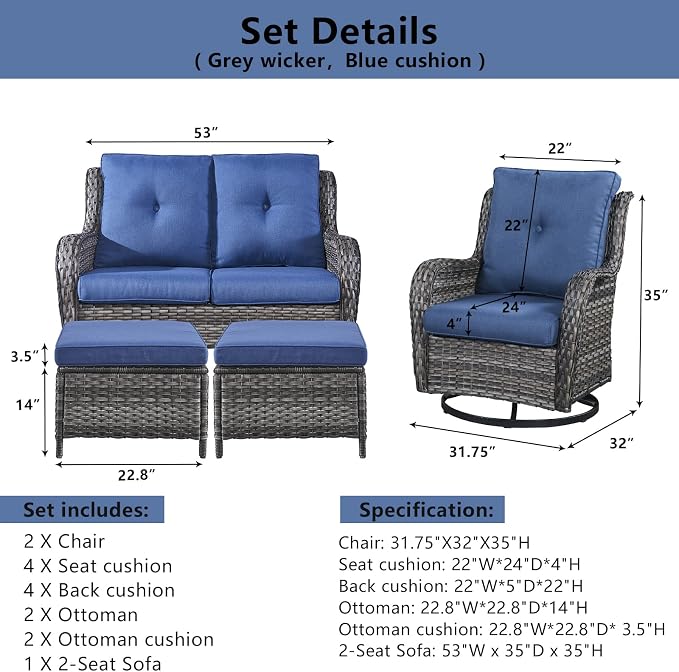 Belord 5 Piece Wicker Patio Furniture Set, Outdoor Swivel Rocker Chairs Set of 2 with Ottomans and Loveseat, All Weather Patio Conversation Furniture Set, for Porch Pool, Gray Wicker/Blue