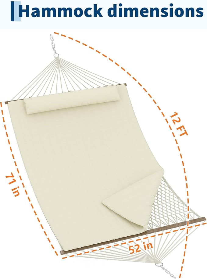 Double Quilted 2 Person Outdoor Hammock, Spreader Bars, Large Removable Pillow, Adjustable Steel Frame, Cotton Rope & Polyester Pad, Supports Up to 500lbs – Perfect for Patio, Backyard, Garden, Beach