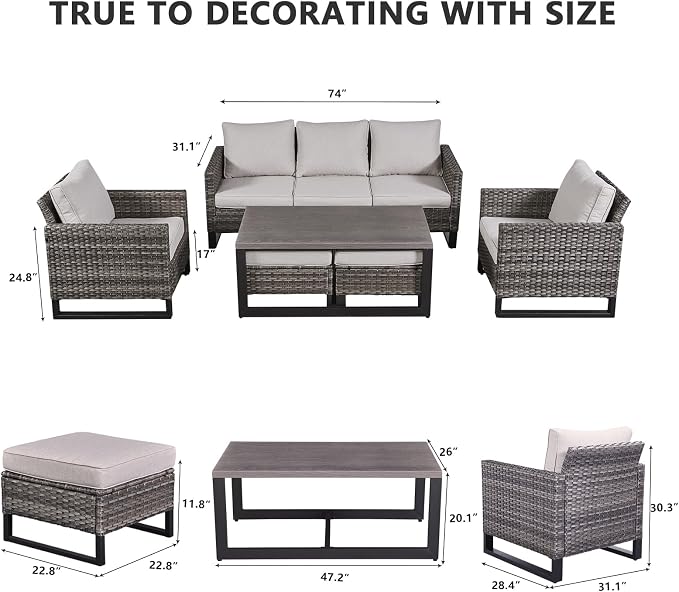 HUMMUH 6 Piece Patio Furniture All Weather Wicker Outdoor Sectional Sofa,High Back Patio Chairs,Coffee Table and Ottomans Set for Porch,Garden,Backyard