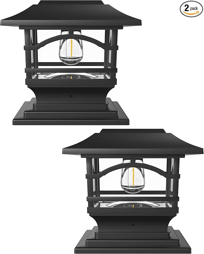 Davinci Edison Solar Outdoor Post Cap Lights, 4x4 5x5 6x6, Metal&Glass, 2PK | Slate Black, fence/deck/garden/patio posts, diecast aluminum & glass, bright 30lm warm white LED, auto-on, 8h, cordless, IP44