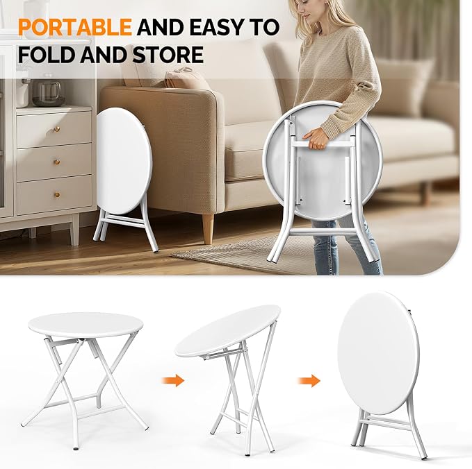 VINGLI Patio Metal Folding Side Table, Portable Small Outdoor Folding Round Table, Perfect for Indoor and Outdoor Spaces Like Balconies, Backyards, Porches, and Patios.White（1 Pack）