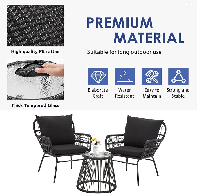 EROMMY 3-Piece Patio Conversation Bistro Set, Outdoor All-Weather Wicker Balcony Furniture with Tempered Glass Top Table & 2 Wide Ergonomic Armchairs, Seat Cushions for Porch Backyard, Black