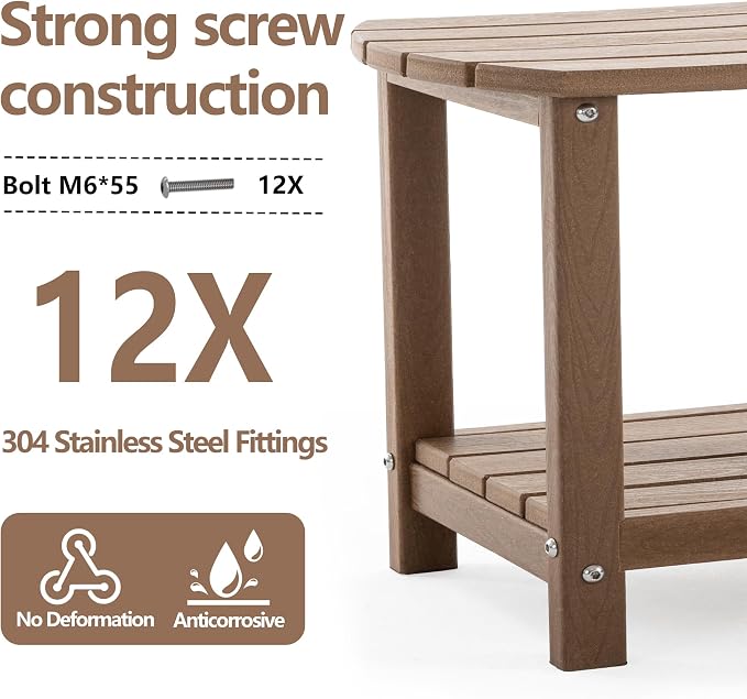 Adirondack Small Outdoor Side Table - Weatherproof HDPE Patio End Table with 2-Tier Storage for Firepit, Balcony, Garden, Poolside or Bathroom (Brown, Set of 1)