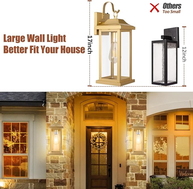 17 Inch Gold Outdoor Sconces Dusk to Dawn 2-Pack | ETL Listed Porch Lights, Photocell Sensor Brass Outdoor Light Fixtures Anti-Rust, Outside Wall Lanterns Wall Mounted Lamps