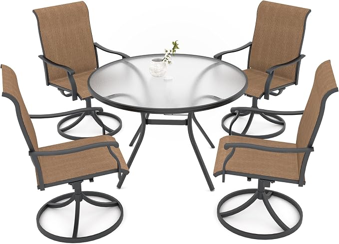 Outdoor Patio Set, 40"x 40"x 28" Round Glass Dining Table and 4pcs Swivel Chairs, All-Weather Patio Furniture Set with 1.7" Umbrella Hole for Garden Backyard Lawn Poolside