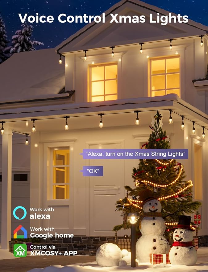 XMCOSY+ Outdoor String Lights, 49FT Smart Dimmable Edison Bulb Patio Lights | Smart App & Voice Control LED String Lights, Custom Schedules, Dimming, Warm White Light for Outside, Yard,Porch, Warerproof