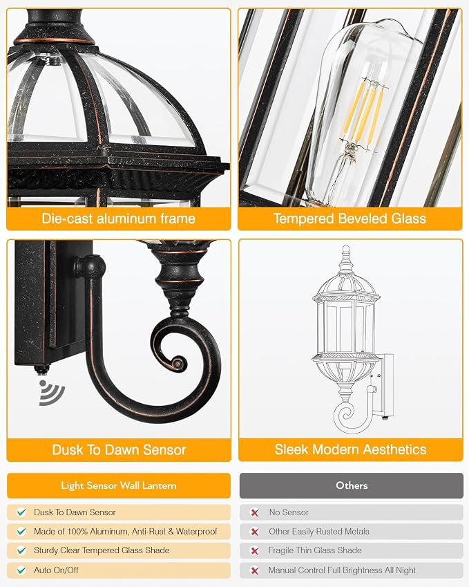 VIANIS 22" Large Dusk to Dawn Outdoor Lighting, Oil Rubbed Bronze Outdoor Wall Lights, Porch Lights Outdoor with Tempered Beveled Glass, Waterproof Exterior Lighting Fixtures, Classic Type