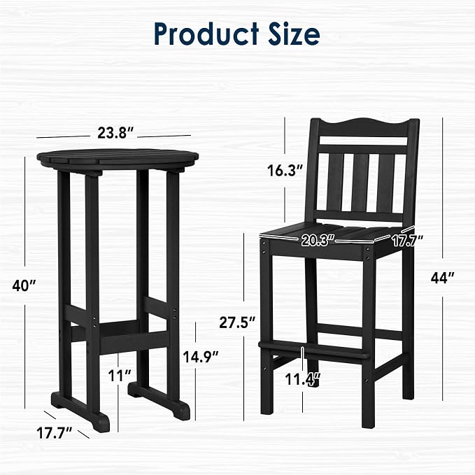 nalone 3 Pcs Outdoor Bar Table and Chairs Set, HDPE High Adirondack Chairs and Table Set, Outdoor Bar Stools for Garden, Yard, Backyard