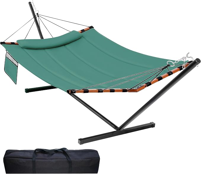 TegerDeger 12FT 2 Person Hammock with Stand Included 55 x 79IN Large Hammock 450LB Capacity with Hardwood Spreader Bar & Nylon Rope for Outside, Patio, Garden, Backyard, Beach - Deep Lake Blue 2