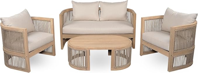 Christopher Knight Home Delbert Acacia Wood 4 Piece Patio Furniture Set, Wooden Patio Conversation Set with Club Chair+Coffee Table, 4-Seater Outdoor Loveseat Sofa Chair and Table Set, Natural+Beige