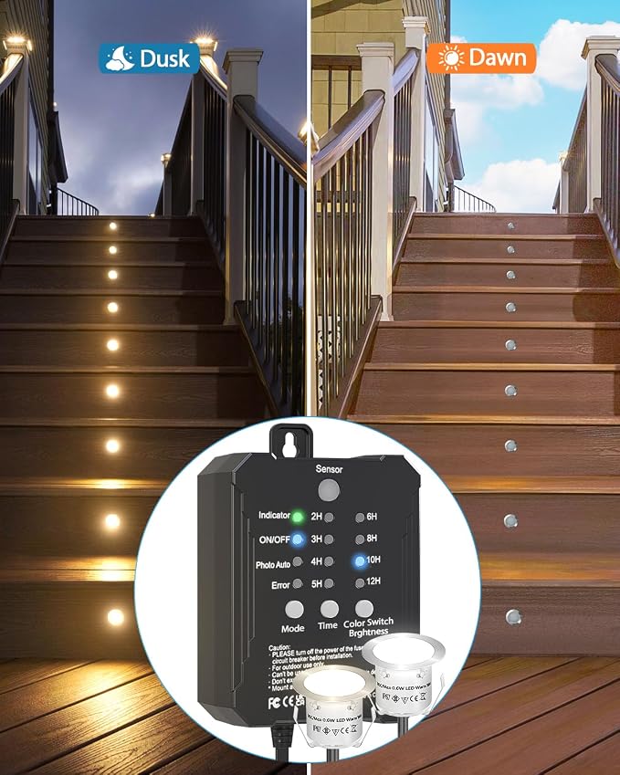 HIBOITEC Low Voltage Deck Lights Recessed Kit 3CCT 2700K-5000K with Transformer Dimmable Timer and Photocell Sensor Outdoor LED Deck Lighting IP67 Waterproof for Stair Step Yard 10 Packs