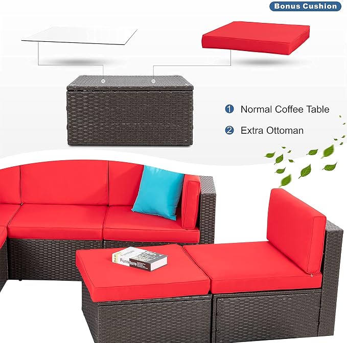 Vongrasig 6 Piece Small Patio Furniture Sets, Outdoor Sectional Sofa All Weather PE Wicker Patio Sofa Couch Garden Backyard Conversation Set with Glass Table,Red Cushions and Blue Pillows (Red)