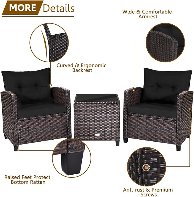 KOTEK 3 Piece Patio Furniture Set, Outdoor Conversation Set with Washable Cushions & Tempered Glass Tabletop, PE Rattan Wicker Bistro Set for Porch, Garden, Balcony (Black)