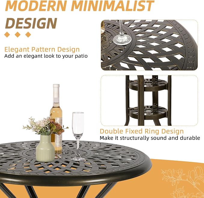 Cast Aluminum Patio Bar Table, 31" Outdoor Bar Height Bistro Table with 2" Umbrella Hole, Patio Bistro Round High Top Dining Table Pub Table for Porch Balcony Backyard, Dark Bronze