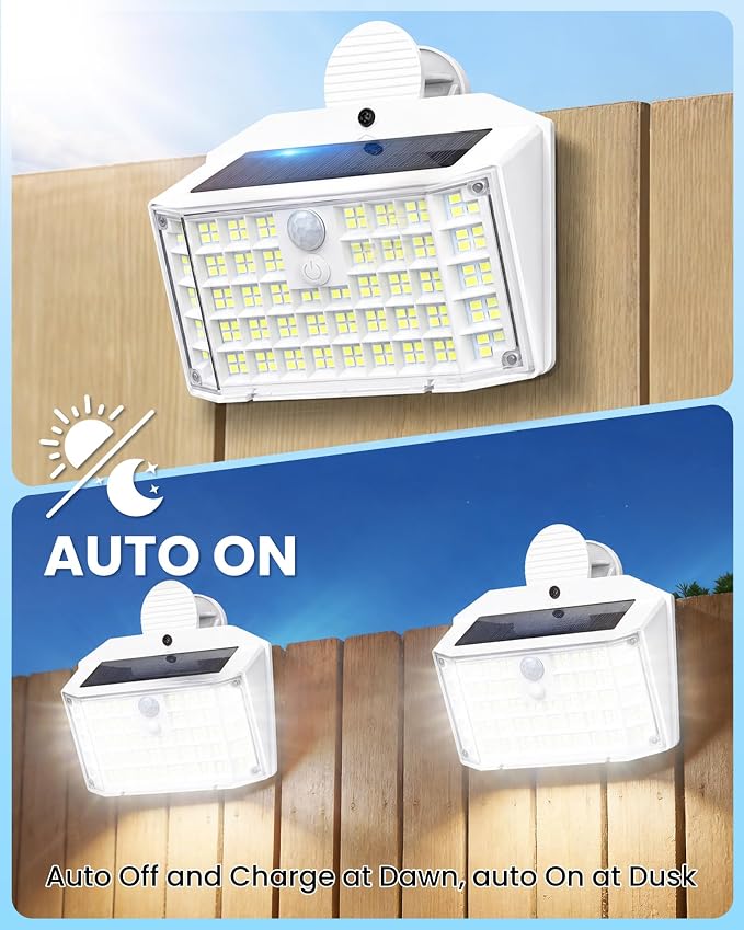 176LED Clip on Solar Lights Outdoor, 600LM Solar Motion Lights Outdoor with 180° Wide Angle, IP65 Waterproof Portable Solar Fence Lights Outdoor for Fence, Gutter, Garden, Camping, Patio White 2Pack