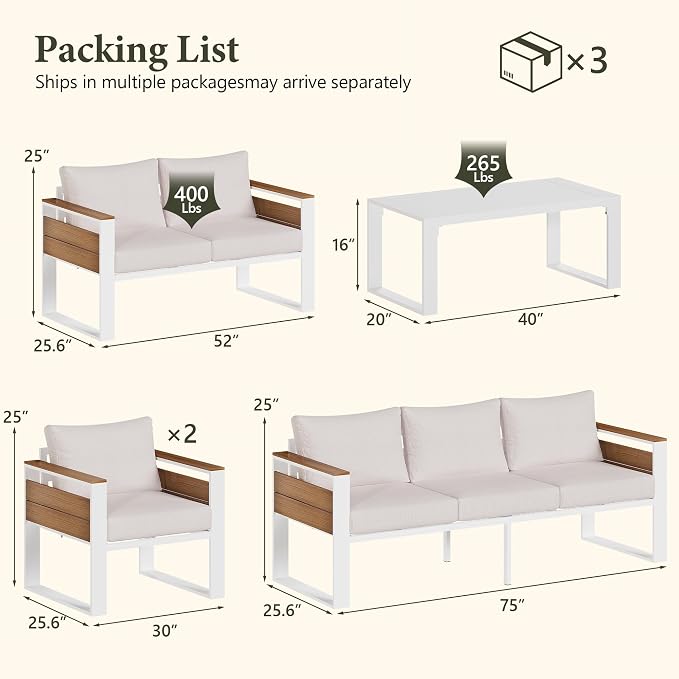 Aluminum Outdoor Patio Furniture Set, 7 Seats Outdoor Patio Sectional with 5" Plush Olefin Cushions & Sleek Design, All-Weather Conversation Sets for Backyard, Deck, Poolside