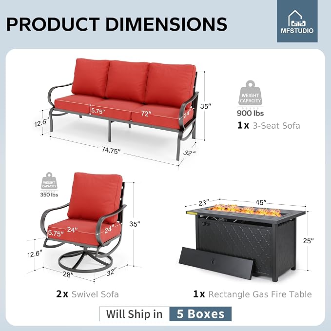 MFSTUDIO 4 Piece Patio Conversation Sets, All Weather Metal Frame Outdoor Furniture Set Patio Sofas with 1 x 45 Rectangular Fire Pit Table,1 x 3-Seat Sofa, 2 x Swivel Chairs, Burgundy Red Cushion