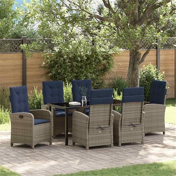 Afuera Living 7-Piece Poly Rattan Garden Dining Set, Gray Finish, Cushioned Seats, Glass-Topped Table, Adjustable Backrests, Weather-Resistant Steel Frame, Modern Patio Furniture for Outdoor Dining