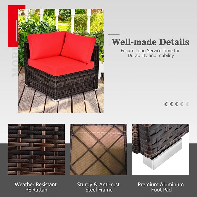 Tangkula 7-Piece Outdoor Patio Furniture Set with 42" Propane Fire Pit Table, Outdoor Wicker Conversation Set with Cushions and Tempered Glass Coffee Table, 50,000 BTU Gas Fire Pit Table (Red)